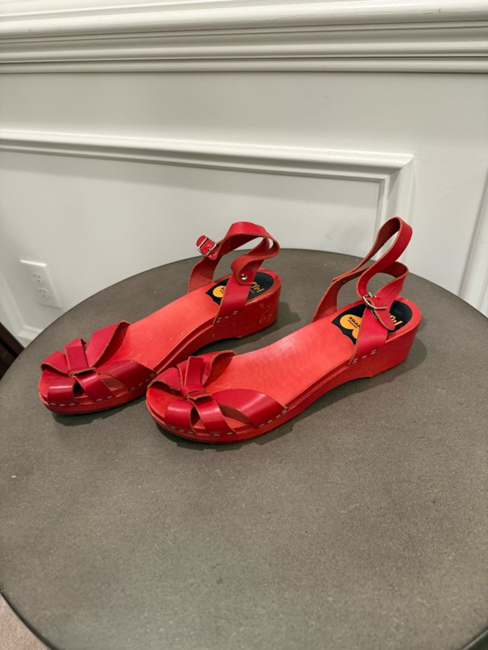 Swedish Hasbeens Red Bow Peep-Toe Sandals with Ankle Strap - Picture 2 of 9